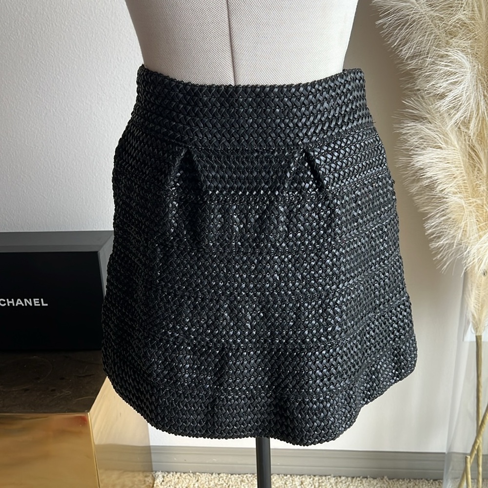 Vegan leather woven black mini skirt